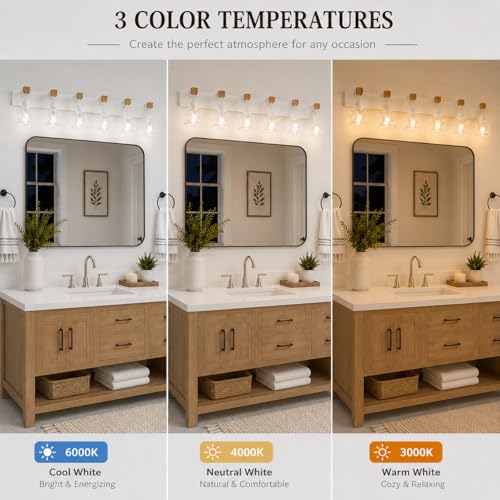 Image of Farmhouse Vanity Light Fixture,6-Light Bathroom Lighting,White Modern Wood Wall Light Over Mirror with Metal Shade,LED Bulbs Not Included