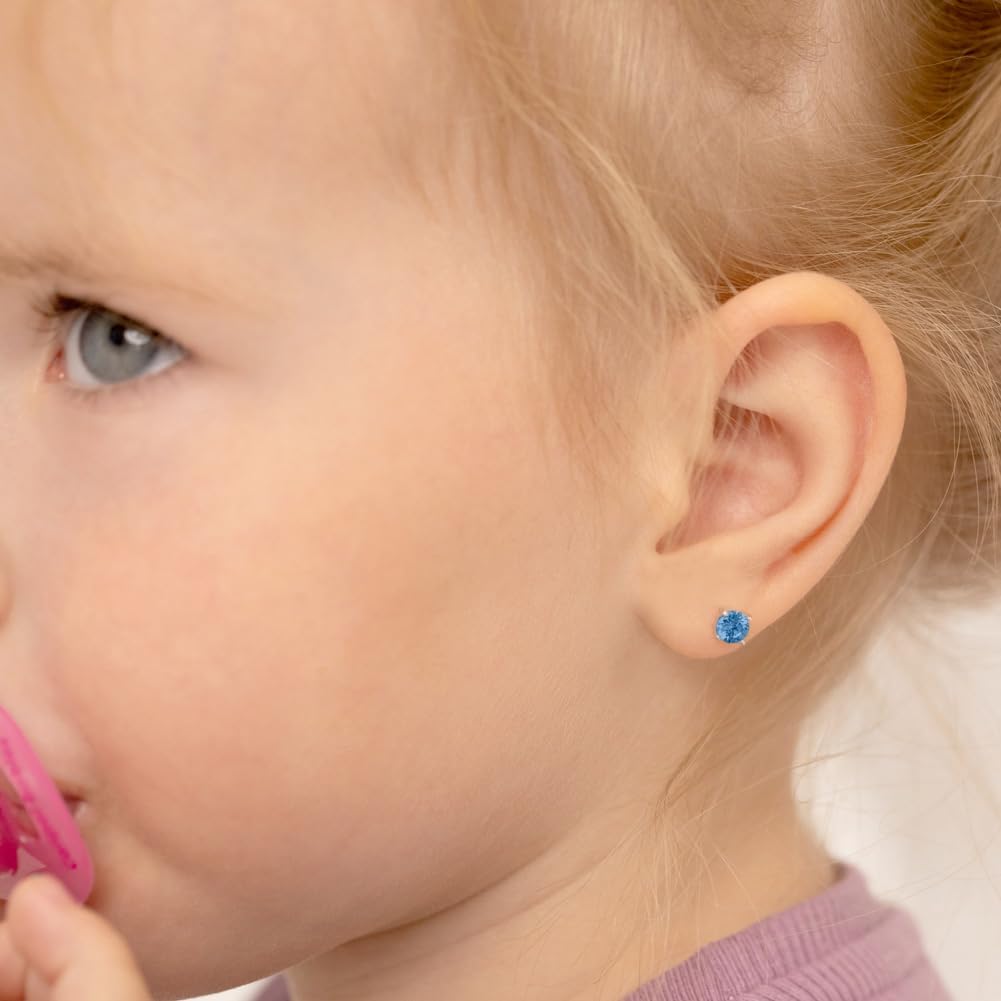 In Season Jewelry CZ Solitaire Kids Earrings - 925 Sterling Silver Hypoallergenic Earrings for Girls with Secure Screw Backs - Safe & Comfortable for Kids & Little Girls