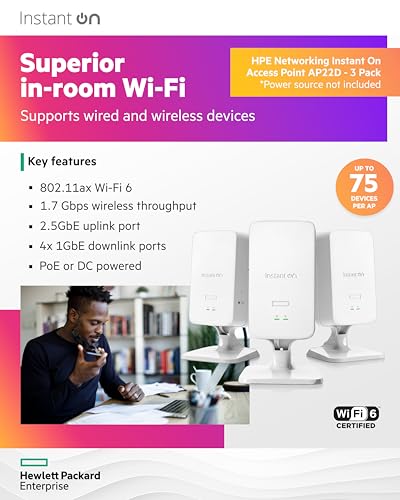 Image of HPE Networking Instant On Access Point AP22D 2x2 WiFi 6 Indoor Wireless Access Point (3 Pack) | Single-Room, Secure, Smart Mesh Support | Power Source Not Included | US Model (S1U75A-3PACK)