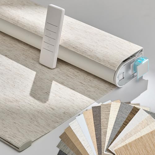 Persilux Smart Motorized Blinds with Remote, No Drill Automatic Roller Shades for Indoor Windows, Blackout Linen Fabric, Electric Blinds for Windows, Nature Cream C153BO-2, Custom Size