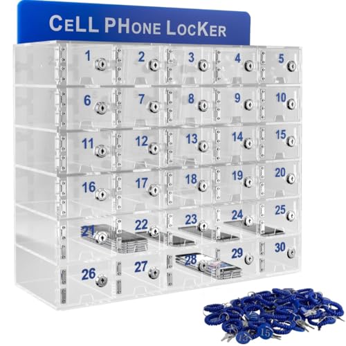 30 Slots Clear Cell Phone Locker with Charging Slot, Acrylic Phones Storage Cabinet with Door Locks Keys, Cell Phones Pocket Locker for Office Conference Rooms Classroom, 20.47*7.09*16.53in