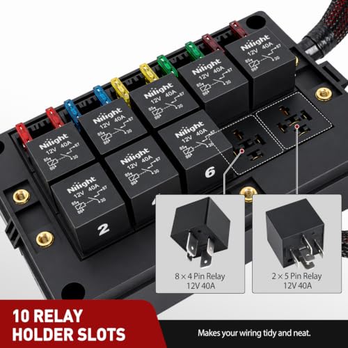 Image of Nilight 12V Fuse Relay Box 10 Relays 4pin /5pin 40A 10 Fuses Pre-Wired Block