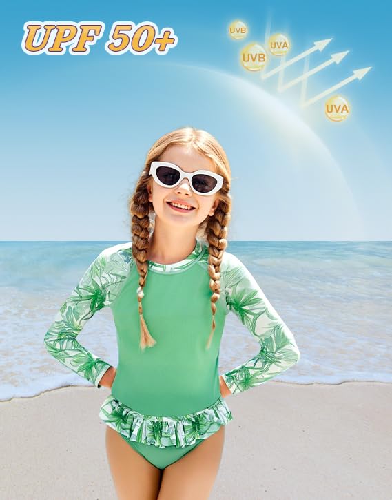 Image of Girls Long Sleeve Rash Guard Swimsuit, Two Piece Bathing Suit Set