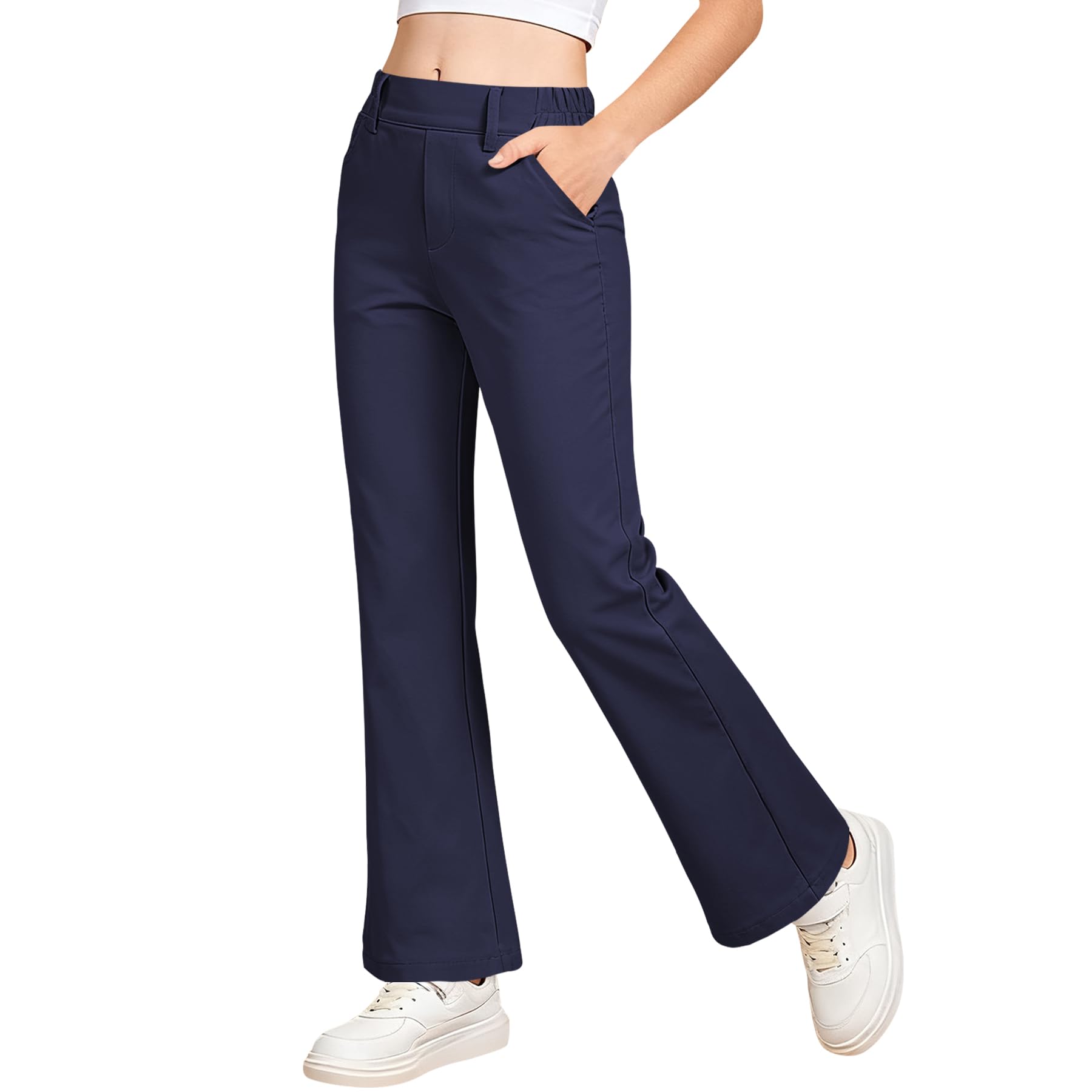 QBK Girls Flare Dress Pants Kids School Uniform Bell Bottoms with Elastic Waist for Teens Size 4-15 Years