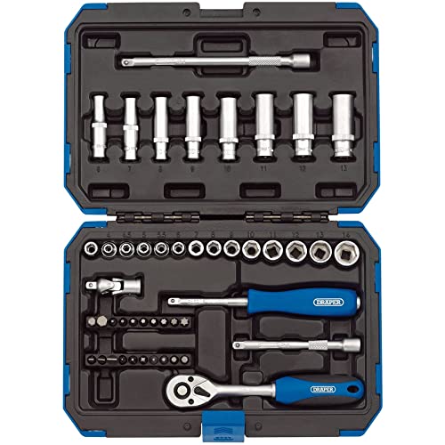 Draper 1/4 47 Piece Square Drive Metric Socket Set | Micrometre Reversible Hand Tool |Soft Grip Ratchet | 21 Metrics Sockets Mechanics Car Tools | Professional Plastic Storage Case | 16355