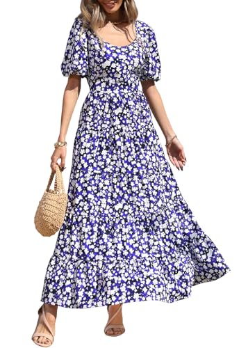 Image of PRETTYGARDEN Puff Short Sleeve Cewneck Floral Long Fall Dresses for Women 2025 Flowy Tiered Hem Maxi Wedding Guest Dress