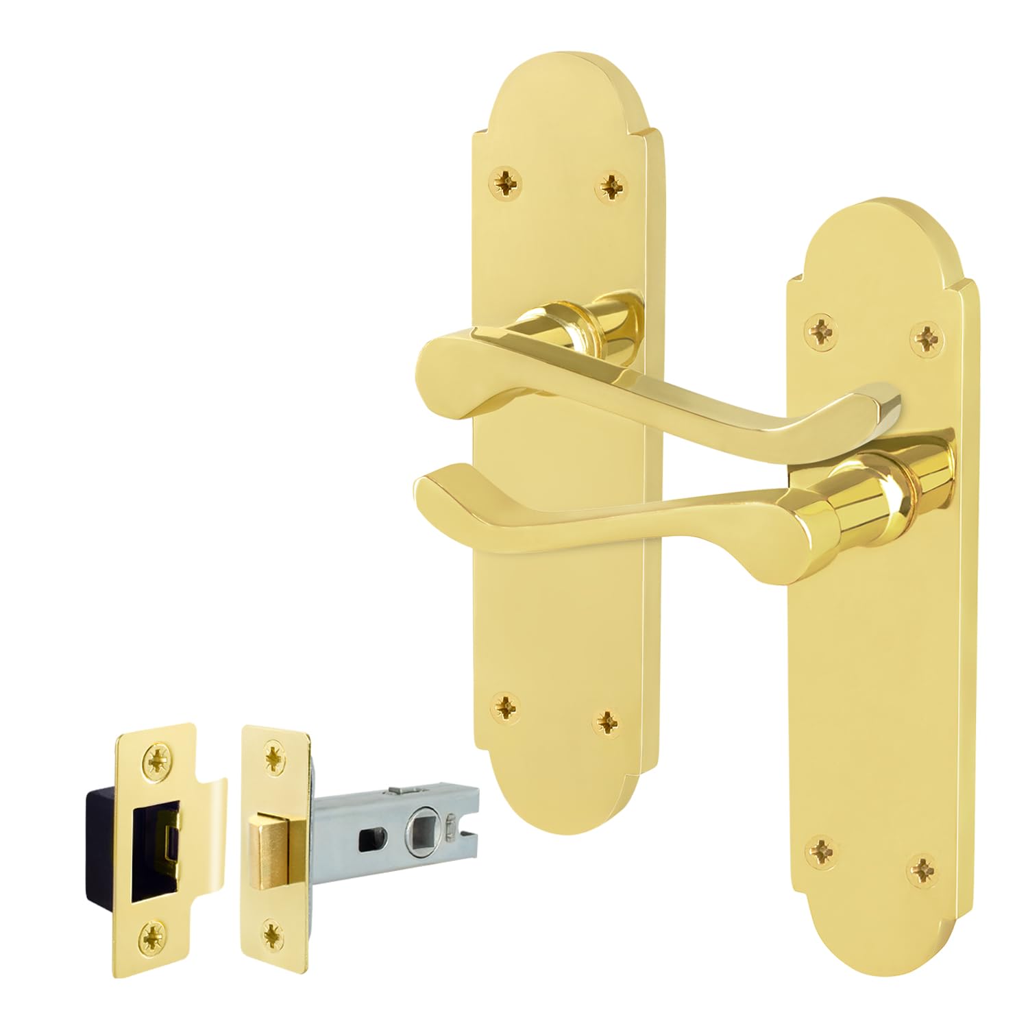 EAI Polished Brass Door Handles with Latch 64mm - Victorian Scroll