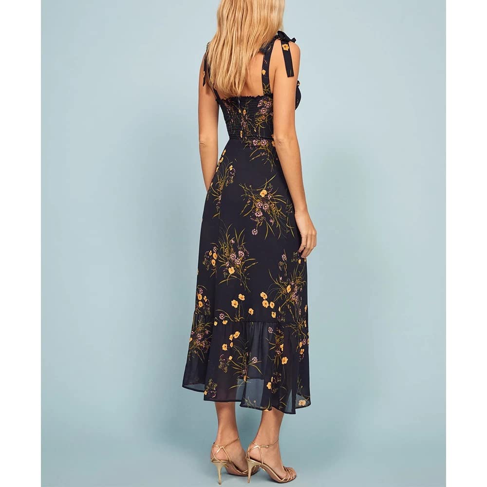 Abito da Donna Abito Floreale Abito da Spiaggia Estivo con Volant Senza Maniche con Scollo a Balze (Color : Black, Size : M Code)