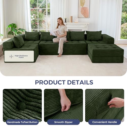 Image of MAXYOYO Modular Sectional Sofa Couch, Foldable U Shaped Cloud Couch with Pillows, Tufted 7-Seat Boneless Lounger Floor Sofa Bed for Living Room, No Assembly Required, Dark Green