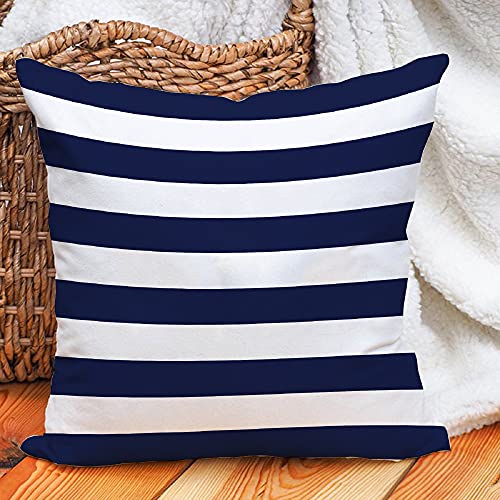 Leaveland Retro Navy Blue Stripe 18X18 Inch Set Of 2 Cotton Polyester Square Throw Pillow Case Decorative Durable Cushion Slipcover Home Decor Sofa Porch Standard Size Accent Pillowcase Encasement #TOP3