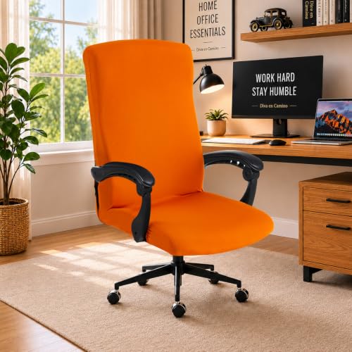 Image of Stretch Computer Office Chair Cover with Durable Zipper - Universal Washable Removable Spandex Rotating Boss Chair Slipcovers - Anti-dust Soft Desk Chair Seat Protector for Dogs, Cats, Pets (Orange)