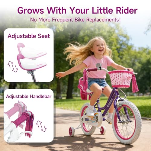 Image of WinHope Girls Bike, 12-18 Inch Children's Bicycle for 2-9 Years Old, Beginner Kids Bike with Training Wheels, Doll Seat & Basket,Streamers for Outdoor Riding, Multiple Colors