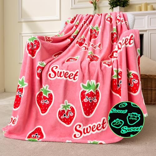 Joiedomi Glow in The Dark Blanket Strawberry Gift for Girls Age 2 3 4 5 6 7 8 9 10 11 12 Year Old Girl Gifts, Soft Cozy Flannel Kids Throw Blanket, Birthday Bedroom Decor 50"×60"