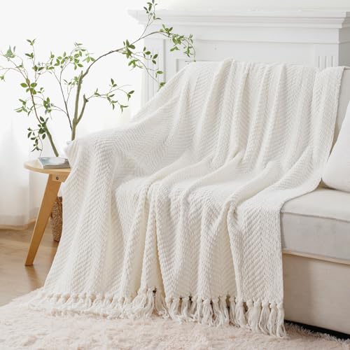 Image of BATTILO HOME Cream Throw Blanket for Couch, Knit Throw Blanket, 50 inchx60 inch