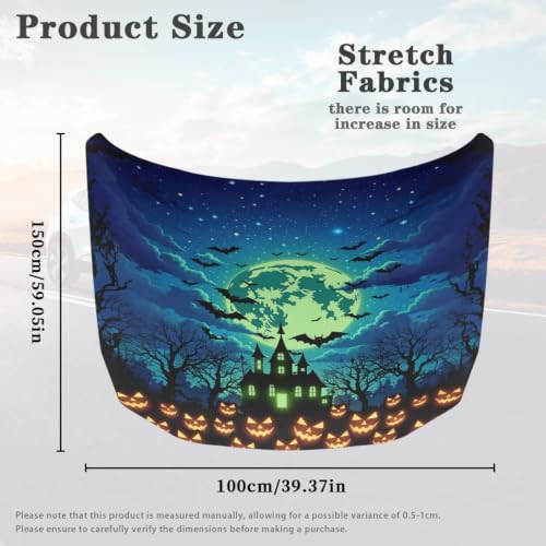 Image of Haunted House Night Sky Print Car Hood Cover Stretchable Auto Hood Wrap Blankets Waterproof Automotive Halloween Outdoor Decorations for Compact Sedans SUV Trucks Van