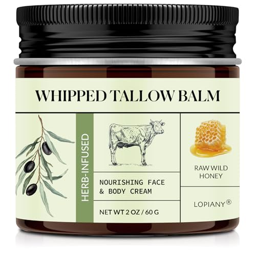 Beef Tallow, Beef Tallow Skincare, Beef Tallow Moisturizer Nourishes and Hydrates the Skin, Tallow and Honey Balm Face Body, Grass Fed Finished Whipped Tallow Face Cream Body Lotion 2oz