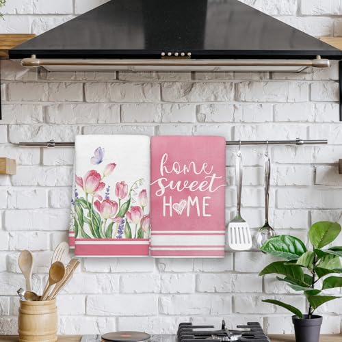 Image of Summer Pink Tulips Floral Kitchen Towels, Lavender Dish Towels Set of 2, Spring Butterfly Flowers 18 x 26 Inch Hand Towel Quick Drying Dishcloth Decor for Kitchen Bathroom Home