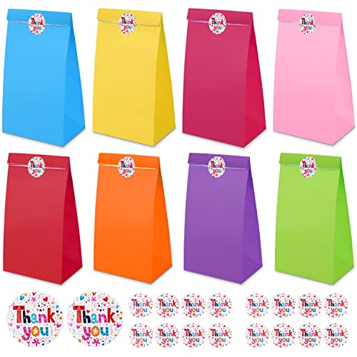 Party Bags Sumwitum 20PCS Gift bags for kids party(130X 80 X 240mm) 8 Colors Flat Bottom Kraft Paper Bag with 24 (thank you) Stickers Suitable for Christmas Halloween Birthday Wedding Party(Rainbow)