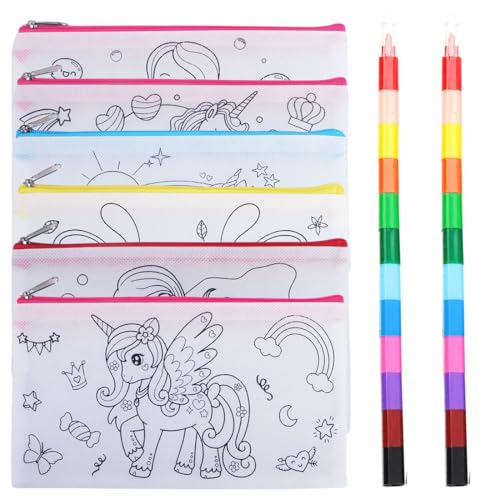 BCHKO 6 Trousse Licorne à Colorier pour Enfants avec Crayons de Couleur Strass Autocollants DIY Pochette Zip en Tissu Motif à Peindre Filles Kit de Création