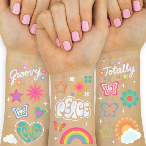 xo, Fetti Groovy Rainbow Temporary Tattoos - 68 Iridescent Foil Pcs | 70s Birthday Accessory, Kids Disco Party Favor, Cute Peace and Love DIY Activity