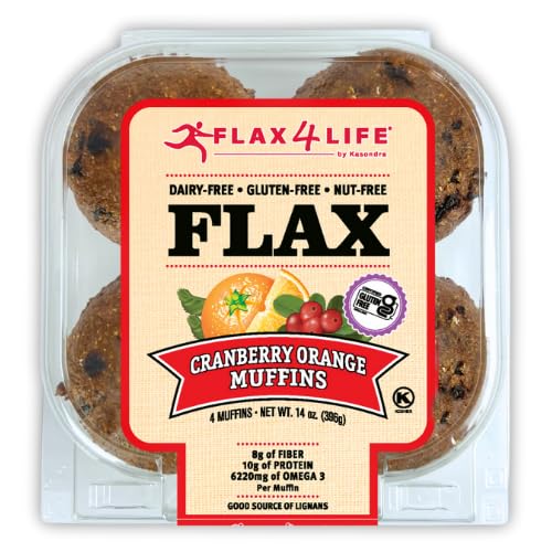 Flax4Life Cranberry Orange Muffins - Gluten-Free, Dairy-Free, Nut-Free, Soy-Free, Kosher - Made with Flaxseed for Fiber, Omega-3, and Protein - 4 ct Muffins Per Pack (Pack of 6)