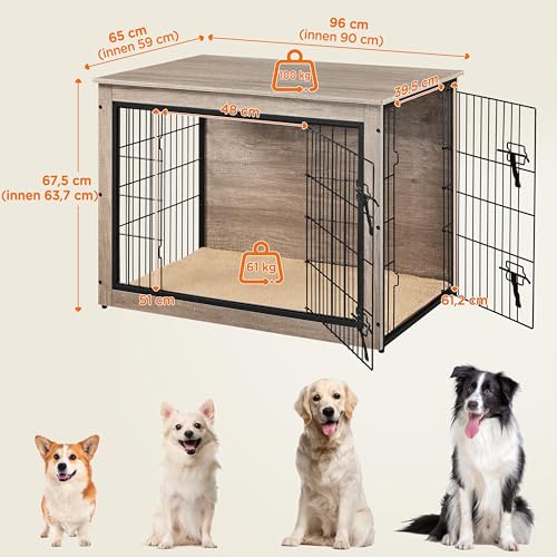 Yaheetech Hundekäfig Möbel mit Hundedecke & 2 Türen, Hundebox für Zuhause, Moderne Hundehütte Indoor, Hundebox Holz für Wohnzimmer, 96x65x68 cm, Grau