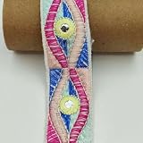 Decorative Sequin Embroidered Lace Trim, 1.3 Inch Wide, Pink Blue Yellow Pattern (Pink, 1 Yards,Buy More, Continuous)