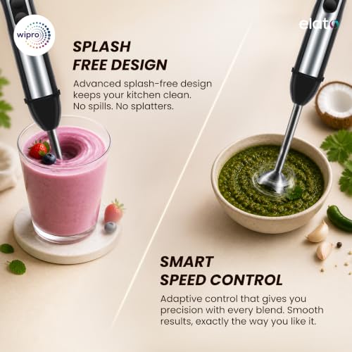 Image of Wipro Elato FMB 201 Hand Blender|Powerful 200 Watt Copper Motor With Rust Free Steel Arm|Dual Mode Multi-functional|Four In One Blade-Churn, Whip,Blend &Whisk|Sleek & Ergonomic|Black|2- Year Warranty