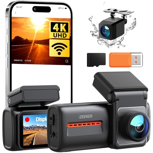 iZEEKER 4K Dash Cam Auto, WiFi 6 Dashcam Auto con Scheda SD 32G, Doppia Dash Cam 4K+1080P, Display...