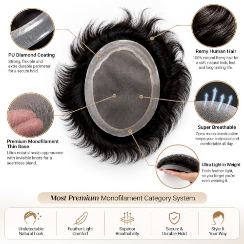 Image of EUPHORIA Original B.M.W Premium Hair Patch for Men | 100% Virgin Human Hair Toupee | Silky Soft Natural Looking Hair with PU Border | Non Surgical Hair Replacement System | Use with Clips Tape or Glue|, Black, 8x6