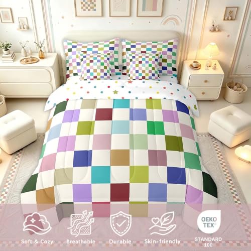 Image of Feelyou Colorful Checkered 7 Piece Bedding Set Teen Retro Modern Geometric Colorful Comforter Set with Sheets King Size Kids Boys Cute Neutral Plaid Bed in a Bag Vintage Aesthetic Room Decor