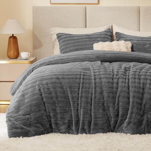 Image of BEDELITE Fleece Queen Comforter Set -Super Soft & Warm Fluffy Grey Faux Fur Bedding, Luxury Fuzzy Heavy Bed Set for Winter with 2 Pillow Cases
