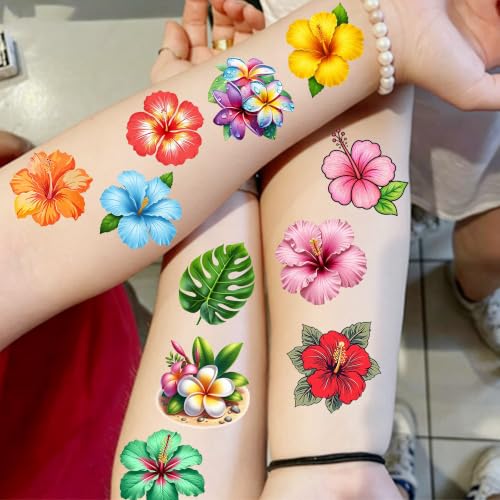 Image of Bilizar 50 Sheets Hibiscus Temporary Tattoos For Aloha Party Favor Supplies Summer Tattoo Sticker, Hawaii Flower Hibiscus Plumeria Fake Tattoos For Women Adults Hawaiian Beach Pool Party Decoration