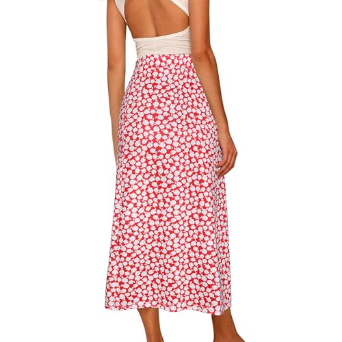Women's Casual Boho Floral Side Split Skirt Elastic High Waist A Line Summer Beach Midi Skirt3