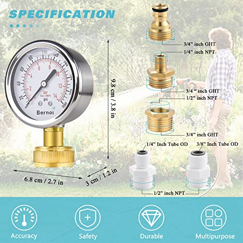 Manomètre d'eau 0-200 psi cadran 6,4 cm test pression tuyau laiton - 2