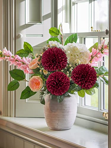 Briful 6Pcs Artificial Chrysanthemum Flowers 4’’ Large Heads Silk Mums Fake Ball Shape Flowers Faux Ball Shape Flowers Spring Hydrangea Flower For Home Wedding Indoor Decor,Burgundy #TOP2