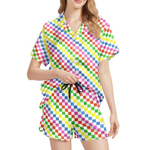 Image of Funny Pajamas for Women Set Print Satin Loungewear Pjs Short Sleeve Button Down Top and Shorts Sets Sleepwear XS-3XL