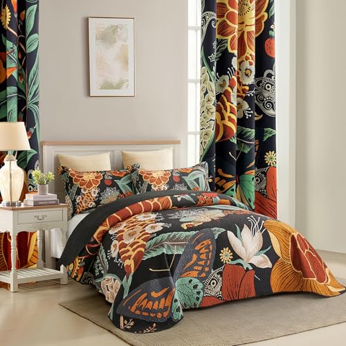 Image of Tyrot 3 Piece Black Boho Floral King Size Quilt Sets Reversible Farmhouse Botanical Lightweight Bedspread Coverlet with 2 Shams Butterfly Microfiber Bedding Quilts Set for All Season, 106''x96''