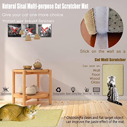 Pethave Cat Scratcher Mat, 23.6x15.7' Natural Sisal Scratching Pad with Velcro Tape, Stick on Floor and Wall Cat Scratch Mat Protects Carpet and Sofa