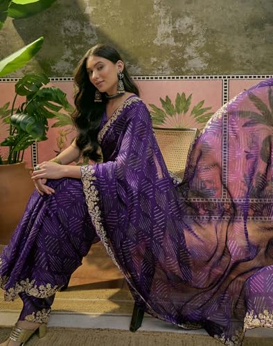 Image of SIRIL Women's Chiffon Scalloped Border Sequins Embroidery Saree with Unstitched Blouse Piece