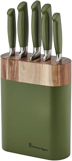 Olive Green Oval Knife 6 Piece Block Set | Premium Stainless Steel, Olive Green Handles, Acacia Wood Storage Block, 10 Year Guarantee