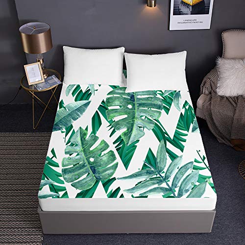 Drap housse microfibre monstera imprimé feuille verte pour lit 150x200