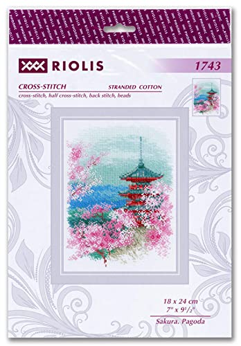 Image of RIOLIS - Sakura. Pagoda 1743, Cross Stitch Kits 7,09 inch x 9,45 inch, Cross Stitch Kits for Beginners & Advanced, Crossstitching Kit Adult, Embroidery Counted Stitching Kit