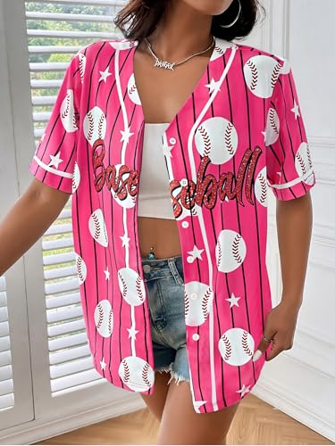 Image of Baseball Shirt Women Baseball Jersey Graphic Button Down Shirt Game Day Short Sleeve Tops