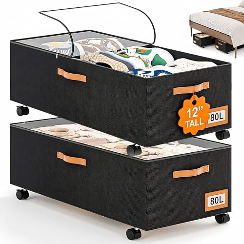 Under Bed Storage with Wheels, 12' Height Under Bed Storage Extra Deep Under Bed Storage Containers, Perfect for 14'' Bed Frame, No Assemble Metal Rolling Underbed Storage for Clothes Shoes Blankets