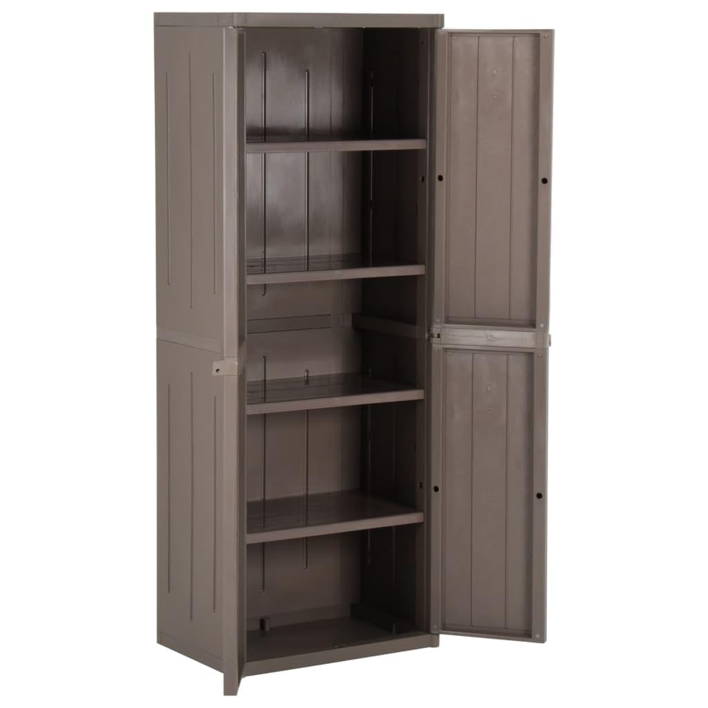 Armario de jardín marrón 65 x 45 x 172 cm PP aspecto madera armario con 4 estantes armario de almacenamiento para terraza jardín exterior almacenamiento organizador