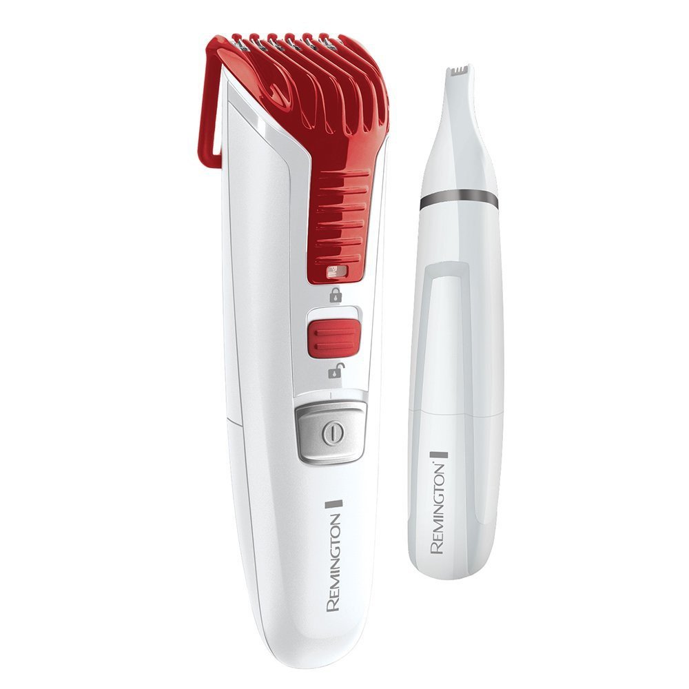 Remington Beard Boss MB4122 – Kit Barbero y Cortapelos para Nariz, Orejas y Vello Facial, Cuchillas Inox, Blanco y Rojo, Funciona con Pilas