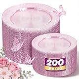 WDF 200PCS Pink Plastic Plates - Rose Gold Glitter Plastic Plates - Heavy Duty Pink Glitter Disposable Plates for Wedding Baby Shower Spring Birthday Mother's Day