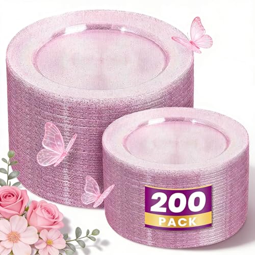 WDF 200PCS Pink Plastic Plates - Rose Gold Glitter Plastic Plates - Heavy Duty Pink Glitter Disposable Plates for Wedding Baby Shower Spring Birthday Mother's Day