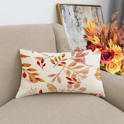 Image of Fall Pillow Covers 12x20 inch Orange White Fallen Leaves Decorative Outdoor Lumbar Throw Pillow Covers Autumn Thanksgiving Farmhouse Decoration for Home Couch(42-12)